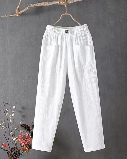 Loose-Fitting White Linen Pants for Women, Breathable Flax Trousers for All Occasions, Comfortable and Stylish-1