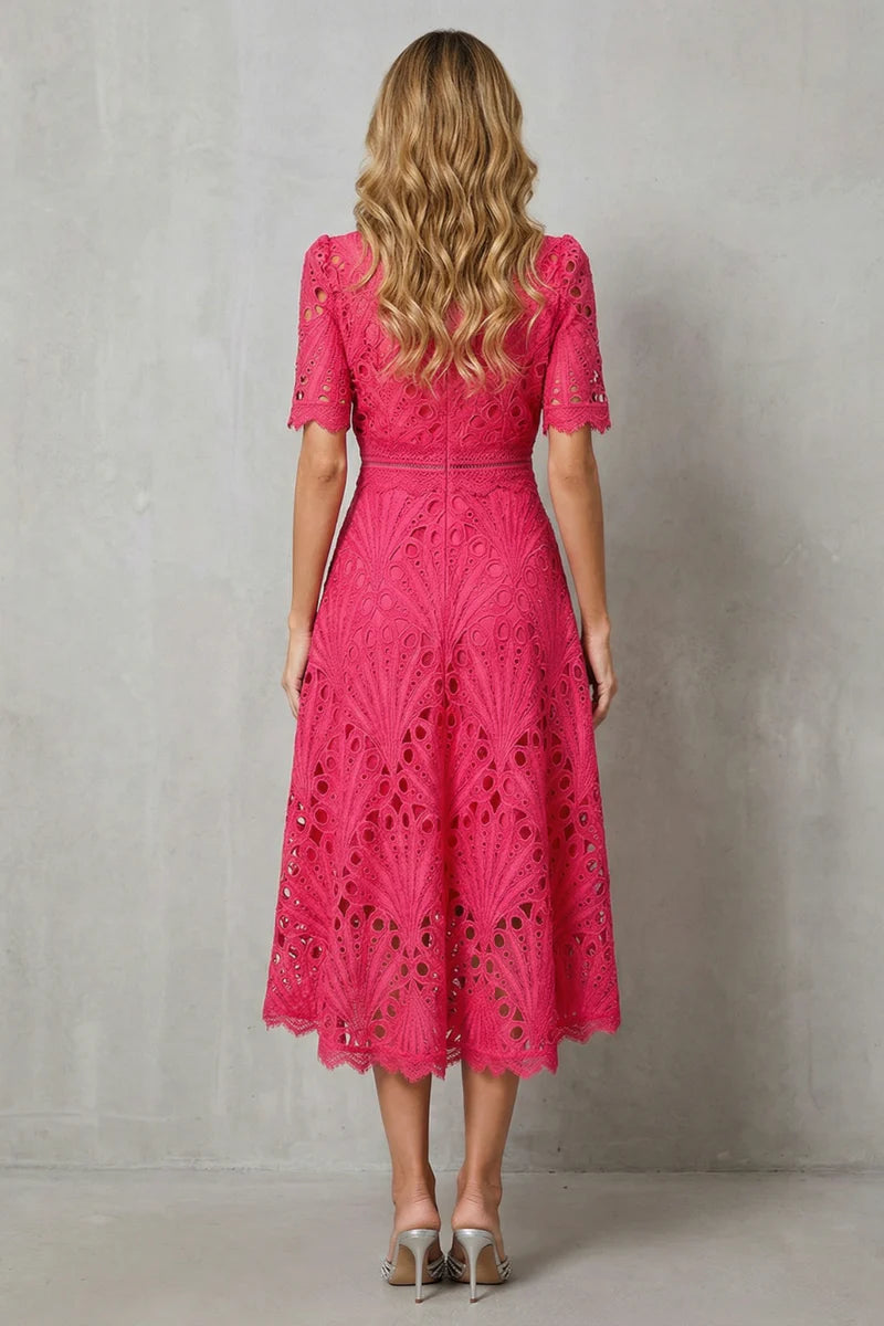 Soft Women's Dress - Lace, Cinched Waist, Short Sleeves, Classic A-Line Silhouette, 100% Polyester, For Occasions