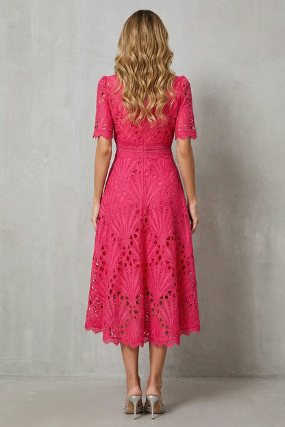 Soft Women's Dress - Lace, Cinched Waist, Short Sleeves, Classic A-Line Silhouette, 100% Polyester, For Occasions