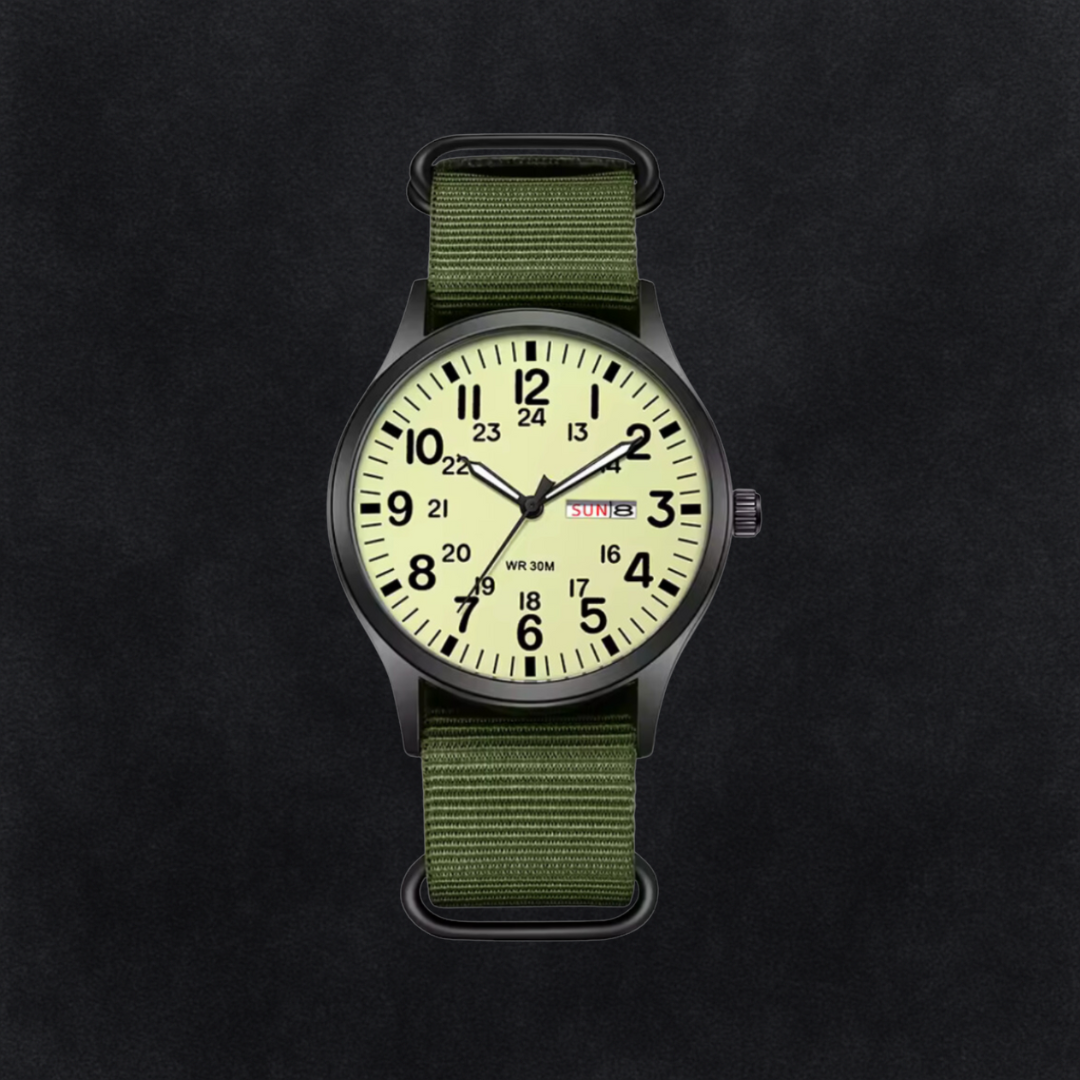 Durable Men’s Hiking Watch – Waterproof Stainless Steel Case, Nylon Strap, 42mm – Green Black