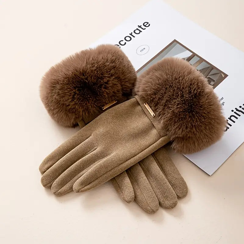Insulating Women's Gloves - Fur Cuff, Suede, For Commuting