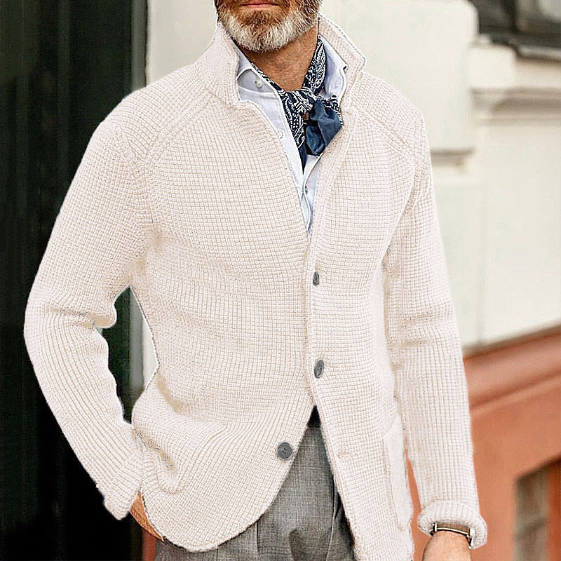 Warm Men's Cardigan - Stand Up Collar, Knitted, Commute