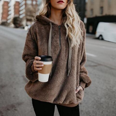 Weicher Lässiger Damen-Hoodie - Pullover mit halbem Reißverschluss, Fleece