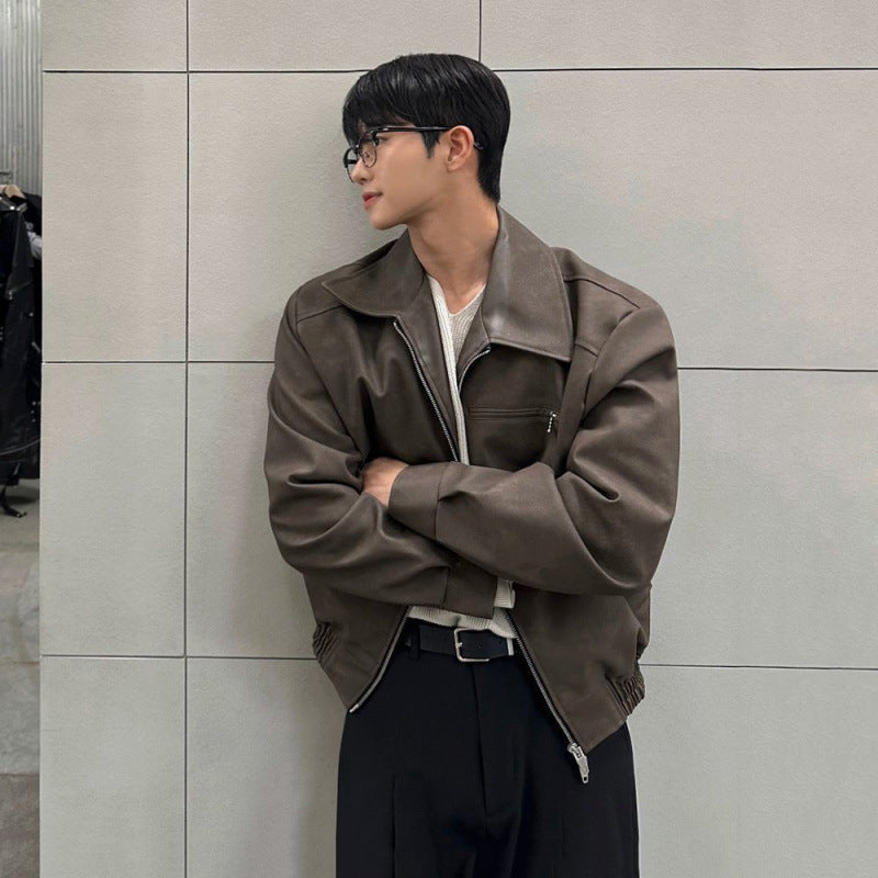 Chaqueta de motociclista para hombre con solapa suave - cierre frontal con cremallera, cuello con solapa, cuero PU, ropa casual para la ciudad