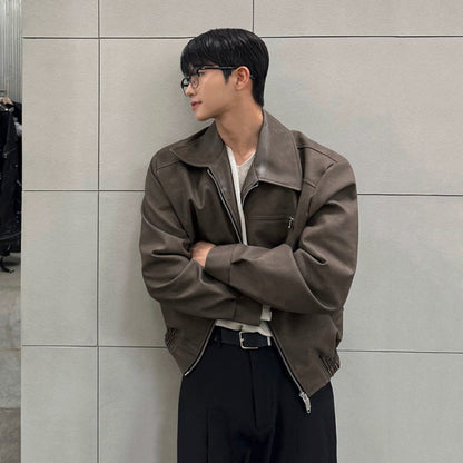 Chaqueta de motociclista para hombre con solapa suave - cierre frontal con cremallera, cuello con solapa, cuero PU, ropa casual para la ciudad