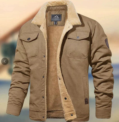 Warm Durable Men's Jacket - Trucker Cut, Sherpa Lined Cotton Canvas, For Fall And Winter