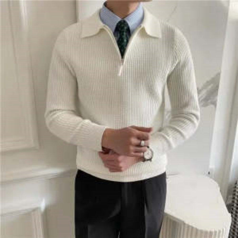 Figursyet herresweaterjakke - lynlåshals, ribstrik, afslappet