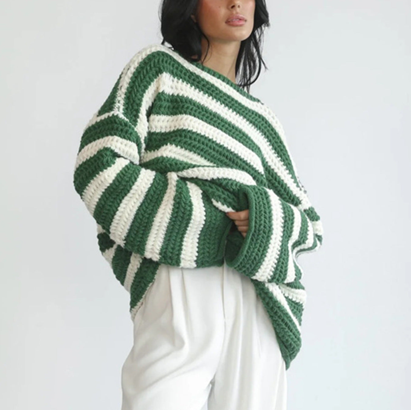 Oversized Women Off Shoulder Sweater - Striped Knit Casual