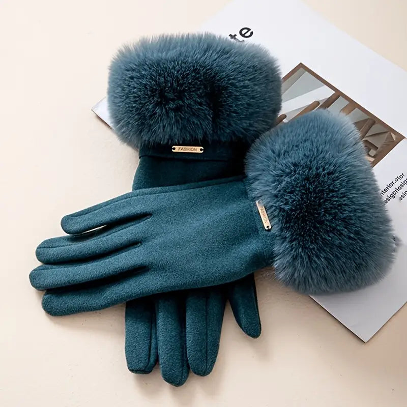 Insulating Women's Gloves - Fur Cuff, Suede, For Commuting