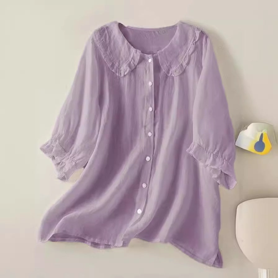 Soft women's shirt - Claudine collar, half-sleeve, relaxed fit, casual everyday wear with denim