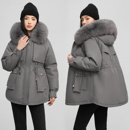 Insulating Womens Parka - Hooded Fur Collar, Cotton Padded