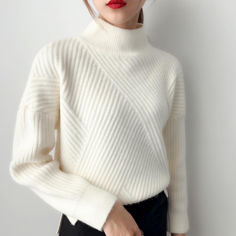 Soft Women’s Sweater - Loose Half High Collar, Ribbed Knit