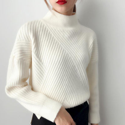 Soft Women’s Sweater - Loose Half High Collar, Ribbed Knit