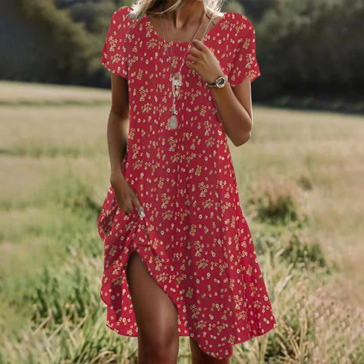 Soft women's dress - scoop neck, flowy mid-length silhouette, geometric print, casual everyday wear