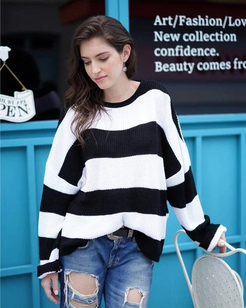 Oversized Women Sweater - Boxy Cropped Ribbed For Spring
