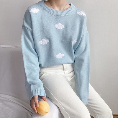Oversized Cozy Women’s Sweater - Cloud Applique Knit Casual