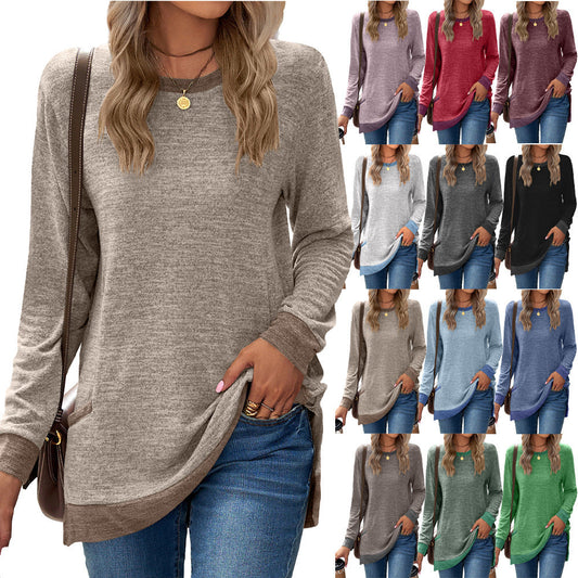 Soft Relaxed Women’s Long Sleeve Pullover - Round Neck Tunic, Cotton Cashmere Knit, Pocketed Mid Length Top For Casual Wear