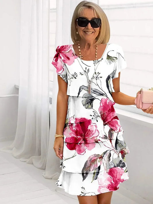 Elegant Floral Ruffle White Dress for Women, Plus Size Summer Wedding Guest Dresses in Multiple Colors and Sizes-1