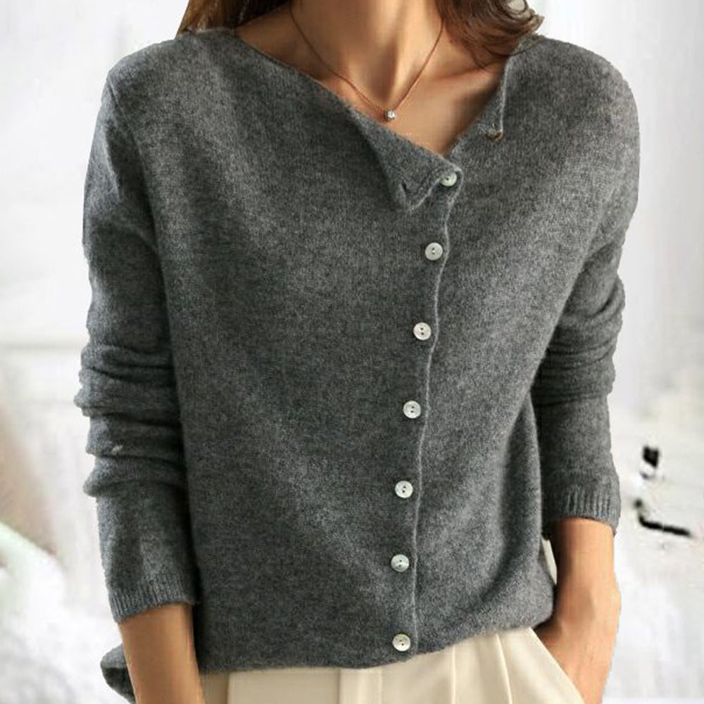 Soft Women's Button Sweater- Asymmetric Slouchy Brushed Knit