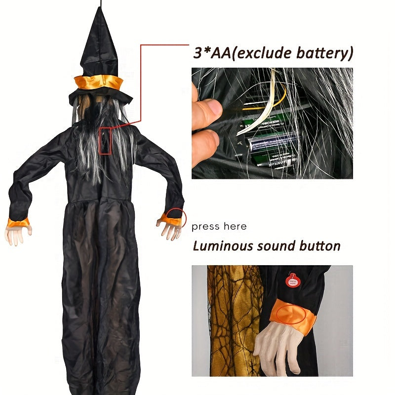 5-Foot Animated Halloween Witch Decor with Red LED Eyes – Talking Hanging Witch for Haunted Houses, Outdoor Lawn, and Yard Displays