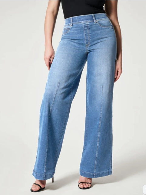 Jeans a gamba larga elasticizzati e valorizzanti da donna - denim lavorato a maglia a vita alta, fascia in vita liscia, weekend