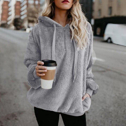 Weicher Lässiger Damen-Hoodie - Pullover mit halbem Reißverschluss, Fleece