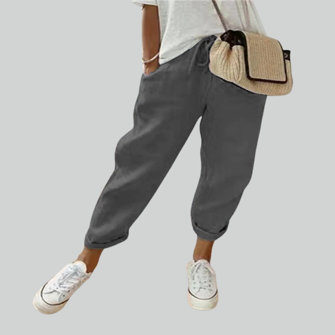 Höst Bomull Linne Vida Byxor - Avslappnade Högmidjade Byxor för Kvinnor
