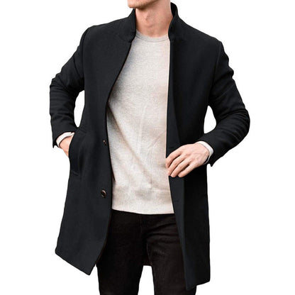 Warm Timeless Men's Wool Coat - Stand Collar, Mid Thigh