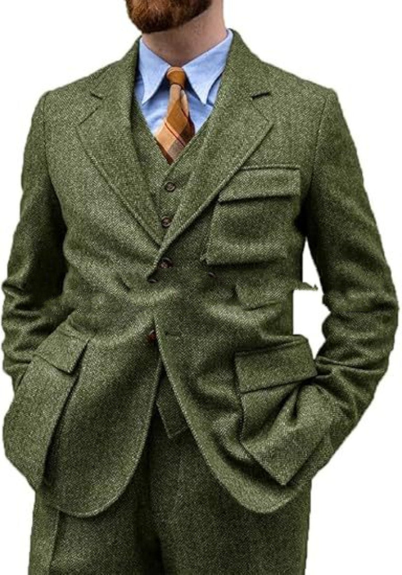 Wrinkle-free men's three-piece suit - slim-fit, herringbone wool, for formal events and business wear