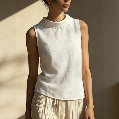 Breathable women's sleeveless shirt - structured stand-collar, linen, office-to-dinner