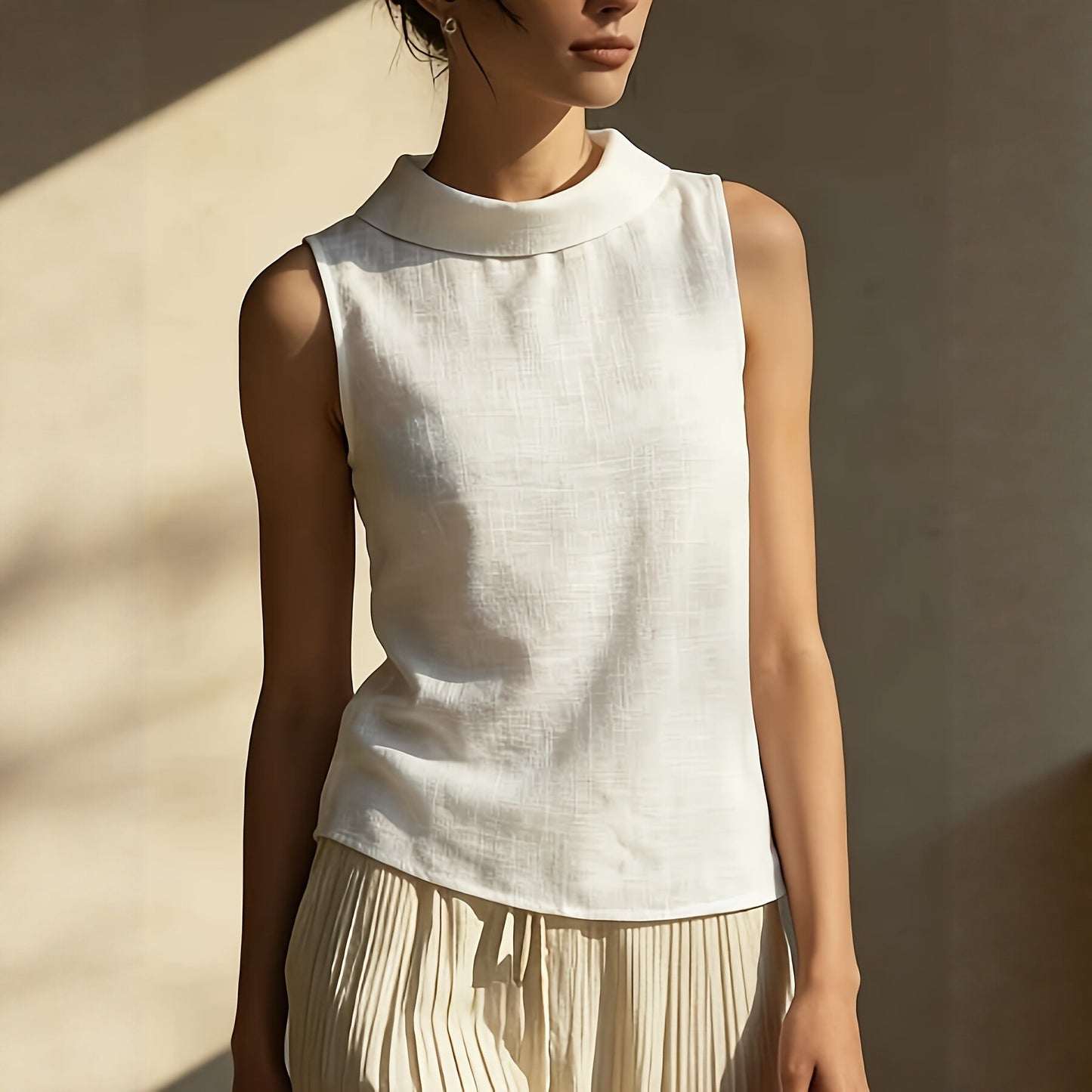 Breathable women's sleeveless shirt - structured stand-collar, linen, office-to-dinner