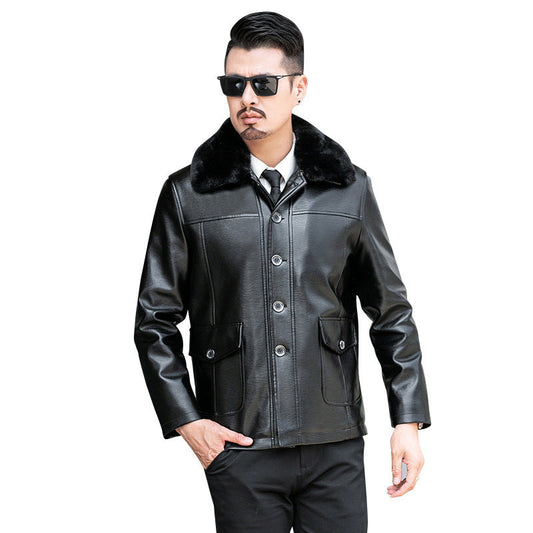 Warm men's leather jacket - structured fur-lined lapel, leather, casual winter wear