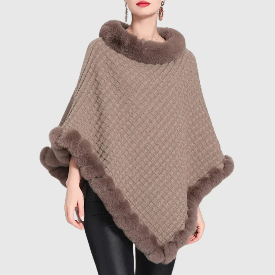Varm Mysig Damponcho - Polokrage, Ribbstickad, Fuskpäls