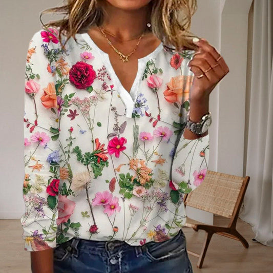 Floral Print Women's Blouse in Cotton-Polyester Blend, Lightweight Summer Top for Casual Wear-1