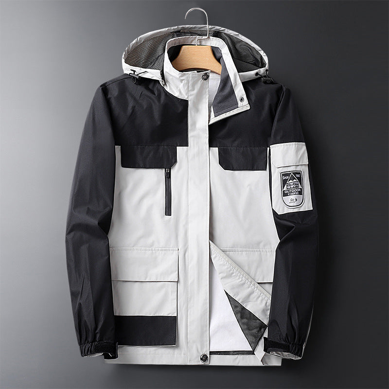 Waterproof Men's Rain Jacket - Hooded Colorblock, Packable