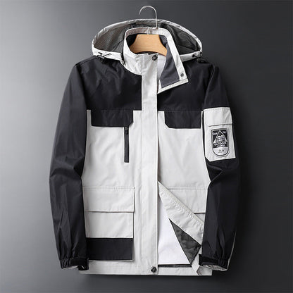 Waterproof Men's Rain Jacket - Hooded Colorblock, Packable