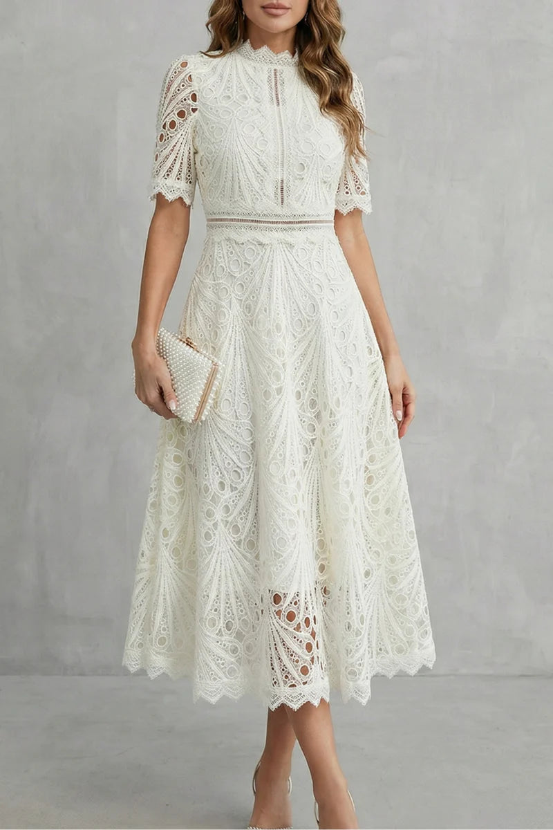 Soft Women's Dress - Lace, Cinched Waist, Short Sleeves, Classic A-Line Silhouette, 100% Polyester, For Occasions