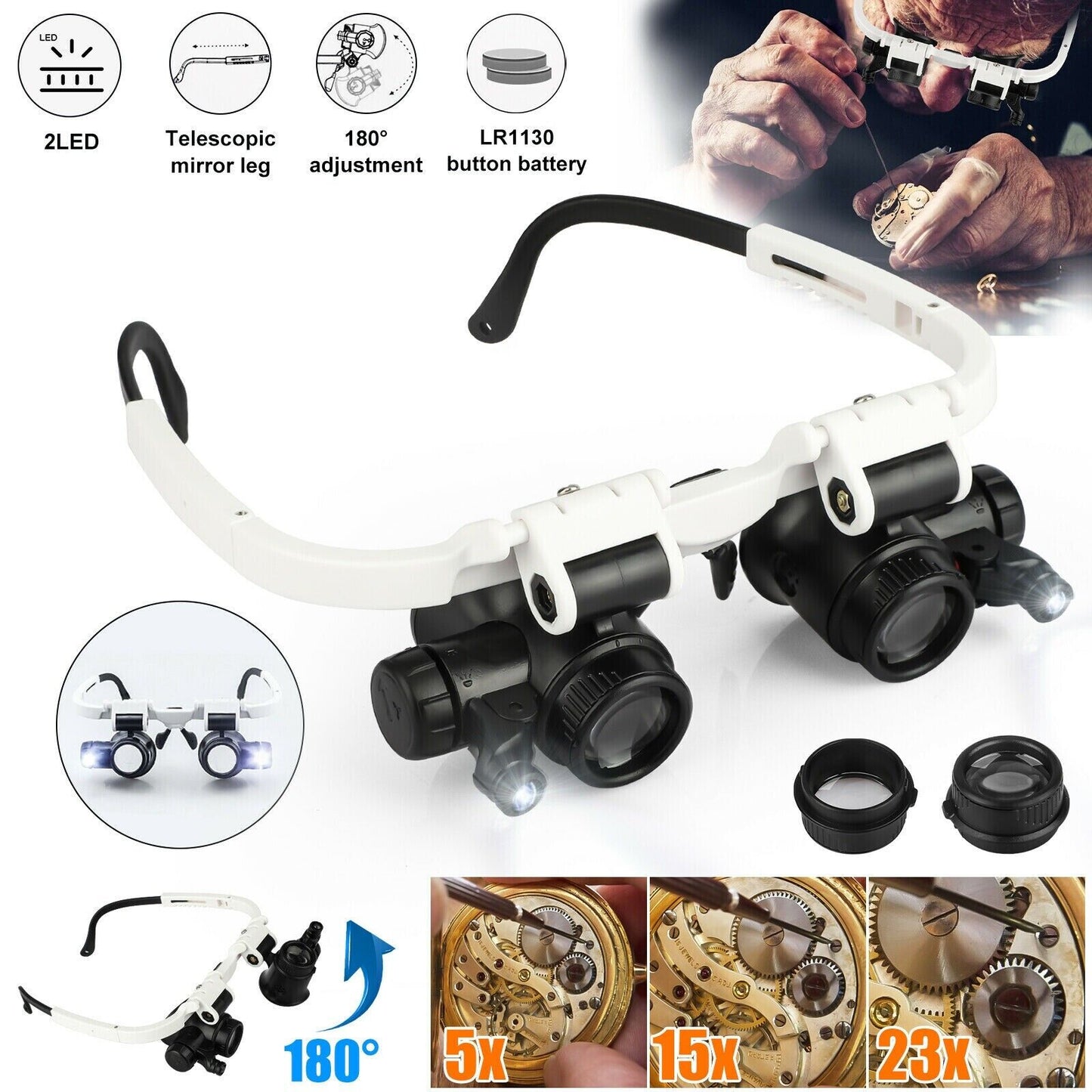 Headband Magnifier LED Jeweler Glasses With 8 Lenses