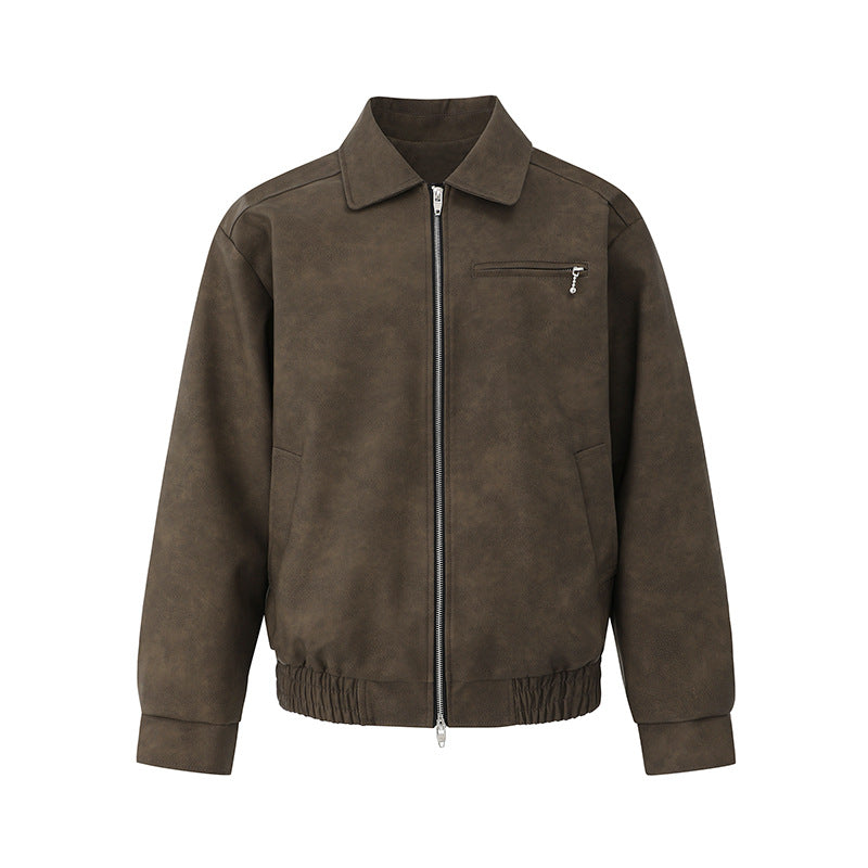 Chaqueta de motociclista para hombre con solapa suave - cierre frontal con cremallera, cuello con solapa, cuero PU, ropa casual para la ciudad