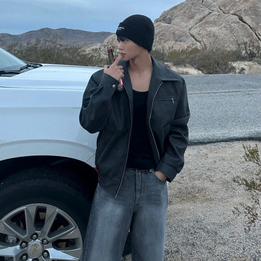 Soft men's lapel motorcycle jacket - zip-front, lapel collar, PU leather, casual city wear