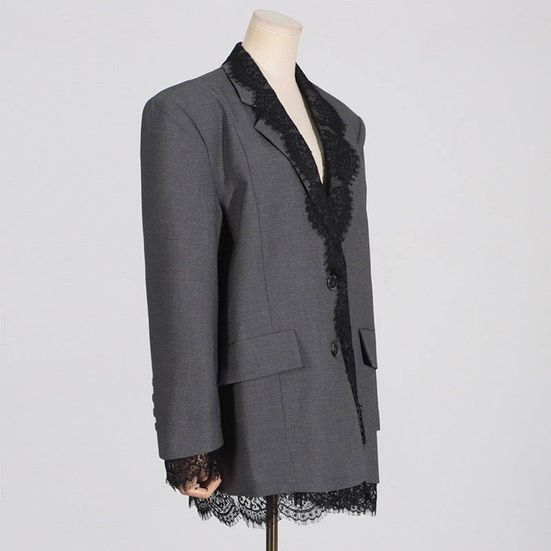 Structured women's blazer - lace-panel design, long-sleeve, polyester, for office-ready workwear