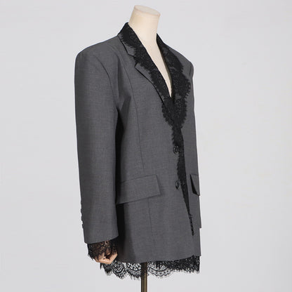 Structured women's blazer - lace-panel design, long-sleeve, polyester, for office-ready workwear
