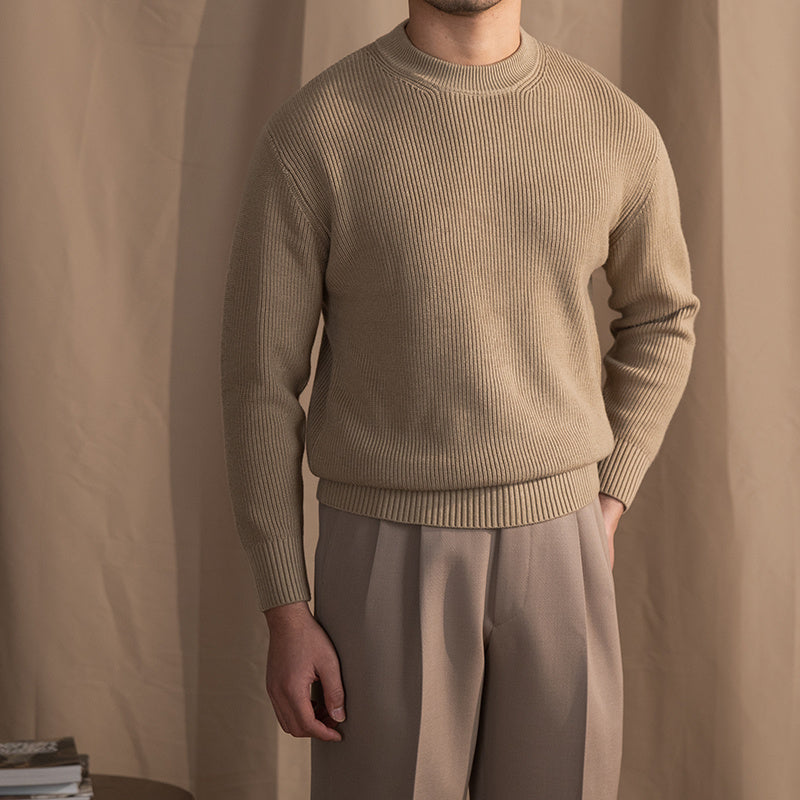 Varm Klassisk Herre Crewneck Trøje - Bred Rib Uldblanding