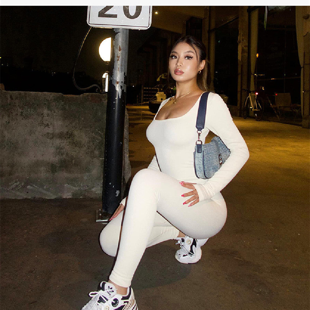 Stretchy Flattering Women’s Jumpsuit – Long Sleeve Square Neck, Ribbed Nylon-Spandex, Seamless Yoga Athleisure