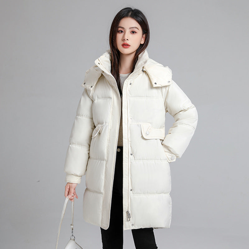 Warm Women's Puffer Coat - Boxy Mid-Thigh, Down Cotton