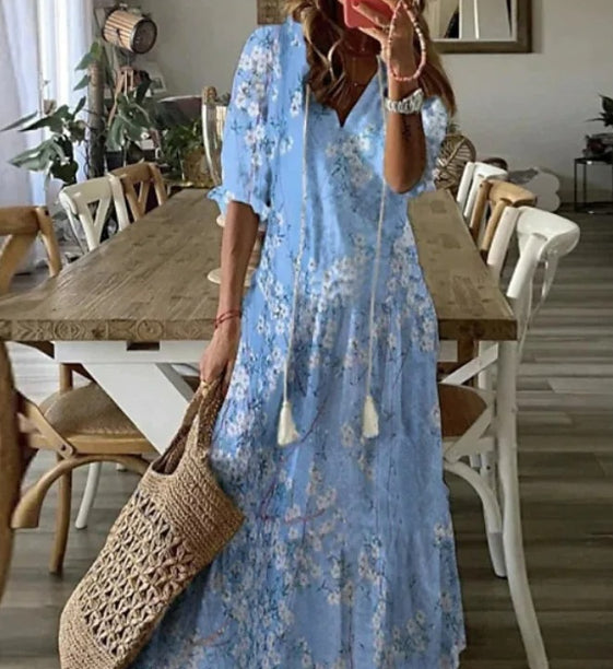 Vestito leggero da donna - stampa bohemien, scollo a V, maniche lunghe, vita media, abbigliamento casual quotidiano