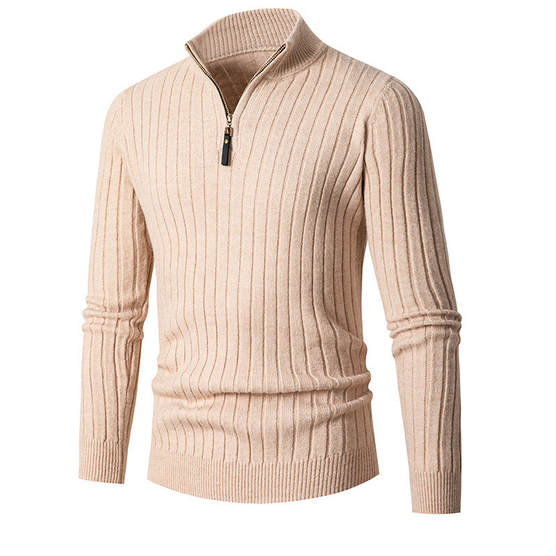 Fitted Men's Half Turtleneck Zip Sweater - Ribbed Knit
