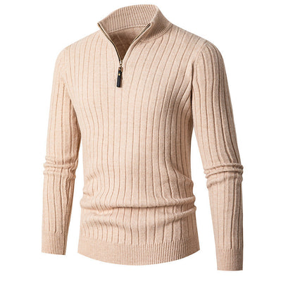 Fitted Men's Half Turtleneck Zip Sweater - Ribbed Knit