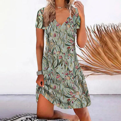 Floral Print Womens Dress with V-Neck and Short Sleeves, Above Knee Length Summer Dress-2