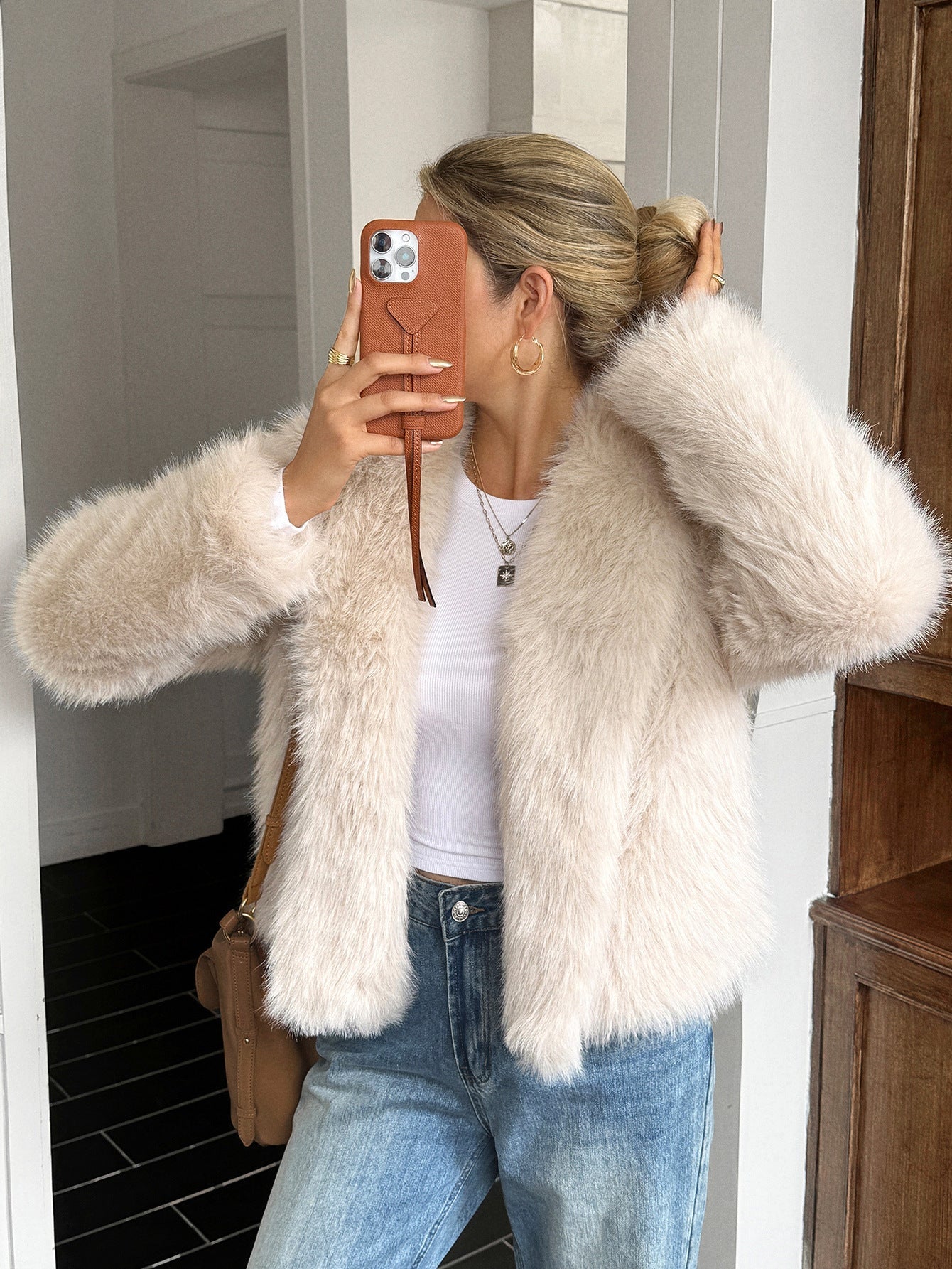 Warme dames fleece jas - boxy heuplengte, nepbont